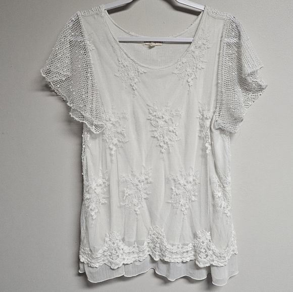 Song N Spirit Tops - Song N Spirit Cotton Fairy White‎ Crochet Gauzy Blouse TShirt